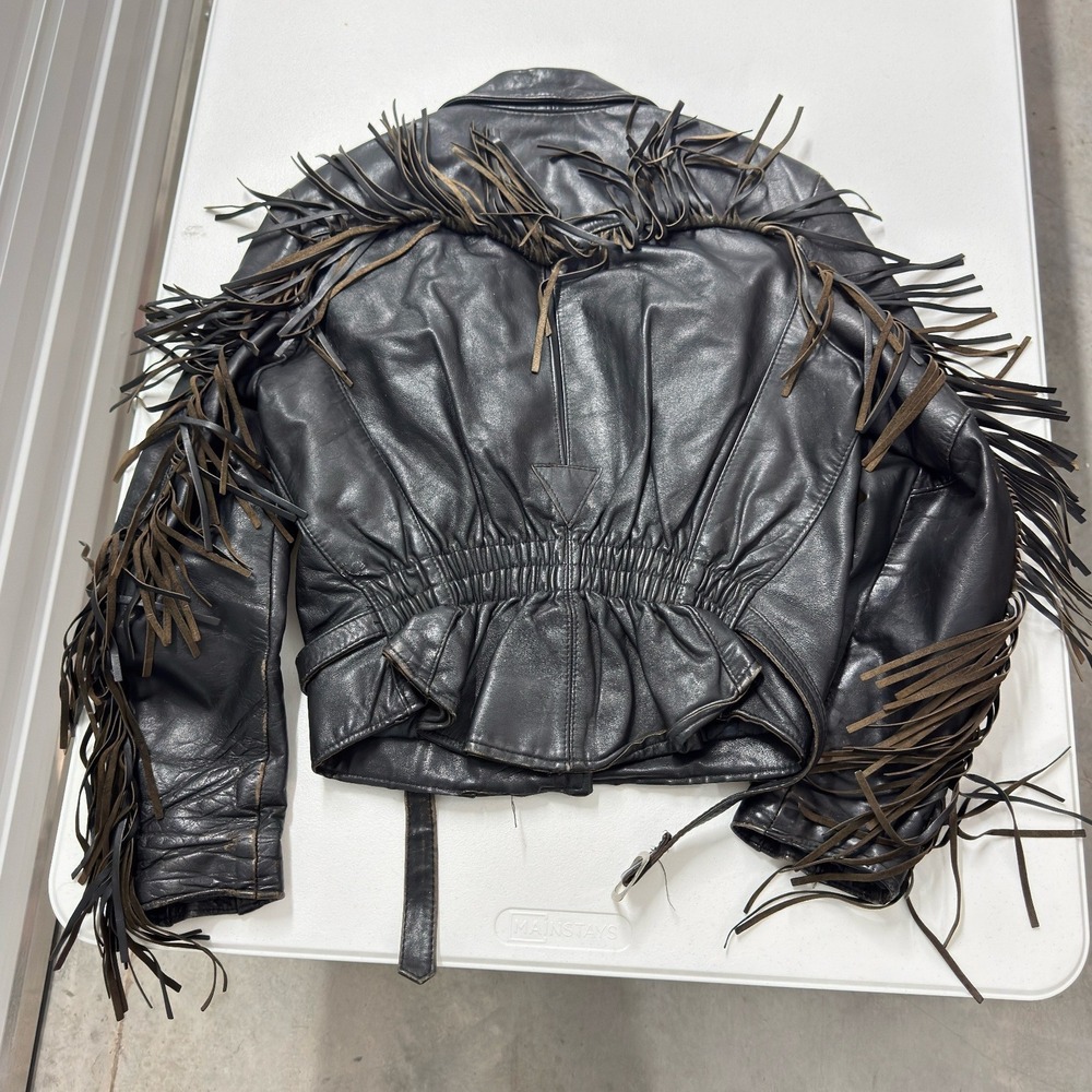 Leather Fringe Jacket Womens L Black Good Vintage Biker Western Moto - Picture 5 of 9